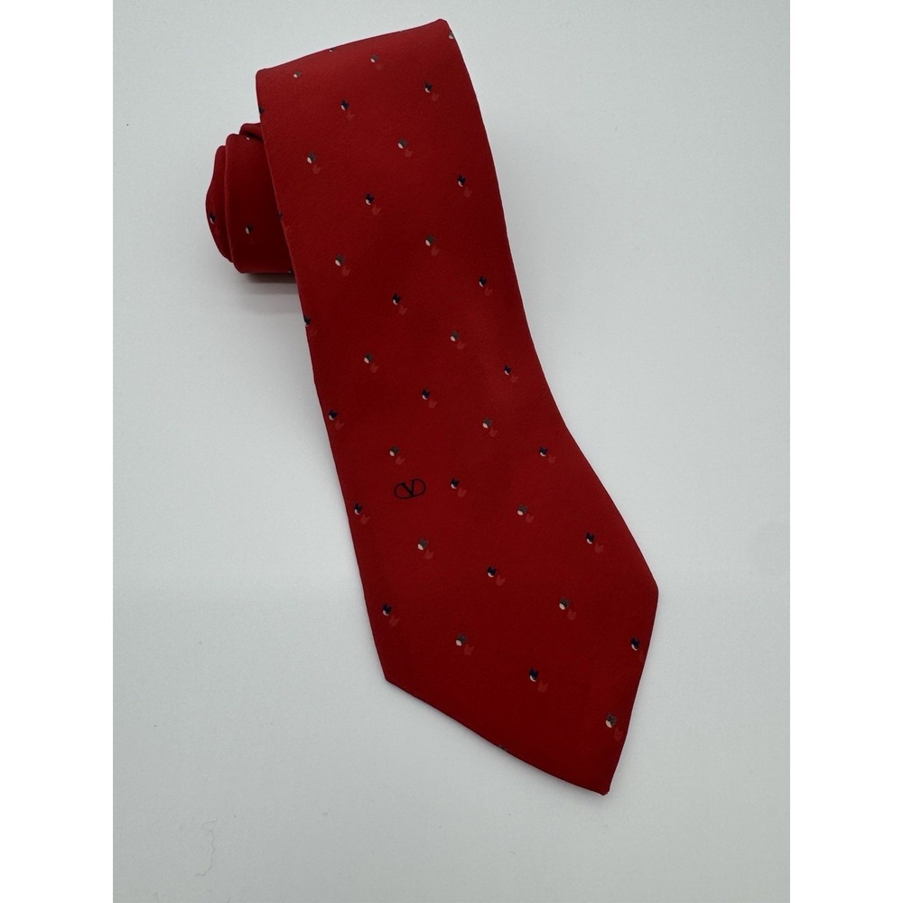 Valentino Cravatte Red Silk Tie Made in Italy Micro Dot Pattern Designer Classic